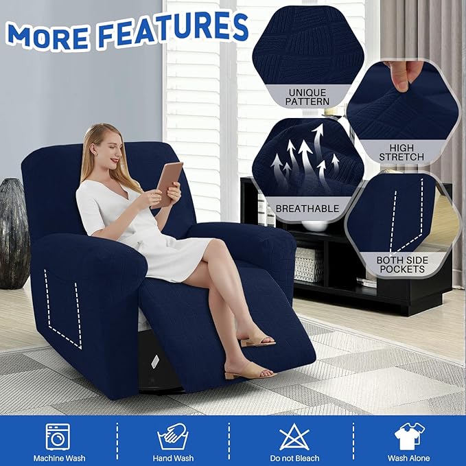 MAXIJIN Waterproof Recliner Covers for Large Recliner 3 Pieces Oversized Recliner Chair Covers, Washable Lazy Boy Reclining Slipcovers with Pockets for Pet, Kids (XL Recliner, Navy Blue)