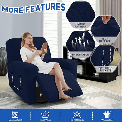 MAXIJIN Waterproof Recliner Covers for Large Recliner 3 Pieces Oversized Recliner Chair Covers, Washable Lazy Boy Reclining Slipcovers with Pockets for Pet, Kids (XL Recliner, Navy Blue)
