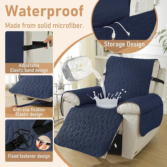 Recliner Covers That Stay in Place, 100% Waterproof Non-Slip Recliner Chair Covers with Pocket, Elastic Straps, Washable Reclining Chair Protector for Kids, Pets, Dog, Cat,Dark Blue,23IN