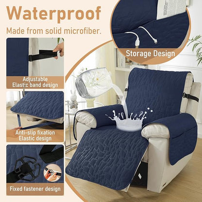 100% Waterproof Recliner Chair Covers for Reclining Chair, Large Recliner Covers That Stay in Place, Non-Slip Recliner Armchair Cover with Pockets for Kids, Pets, Dogs, Cat, Washable,Dark blue,28IN