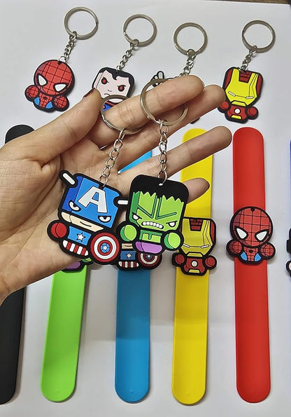 6Pcs Sets Include 6 Cartoon Character Silicone Slap Bracelets, and 6 Keychains.Boys and Girls Party Favors Gifts Carnival Prizes.