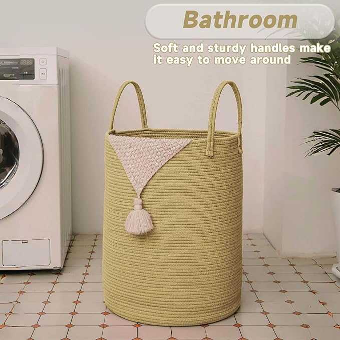 JMvicyroam Large Woven Laundry Basket Hamper,100L Cotton Rope Storage Bin for Blankets,Toys and Clothes,Decorative Tall Nursery Hamper for Living Room,Baby Nursery,Bathroom and Bedroom,Jute
