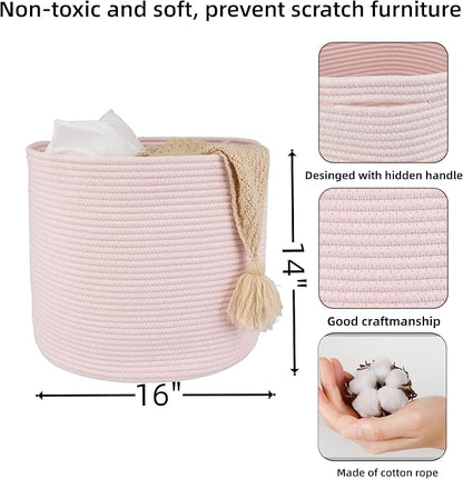 XUANGUO Cotton Rope Basket For Girls Kids 16”X14” Baby Laundry Baskets Nursery Bin Round Woven Basket Organizer For Storage Toys Blankets Shoes Clothes pink