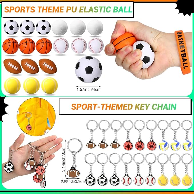 Junkin 176 Pcs Sport Party Favors Sport Party Goodie Bag Fillers Small Sports Balls Sport Wristband Keychains Stickers Bracelet Whistle for Sports Themed Birthday Party Supplies Decoration (Classic)