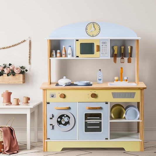 Kitchen Playset for Kids Ages 3-8, Wooden Pretend Play Kitchen with Cooking Accessories, Dimensions: 38” H x 31” W x 12” D