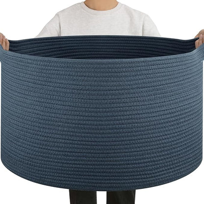 OIAHOMY 90L Blanket Basket for Living Room, Large Basket 23" x 23" x 13" with Handle, Laundry Hamper for Blankets, Pillows, Toy Storage for Kids, Dogs - Blue