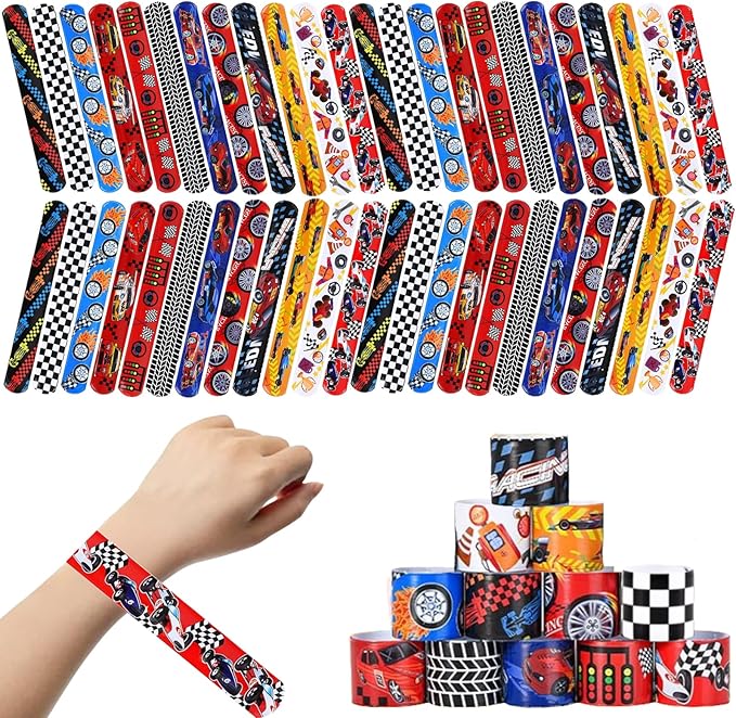 60pcs Hot Car Party Favors for Kids Bulk Slap Bracelets with Race Cars Theme Snap Bracelet for Kids, Goodie Bags Stuffers for Birthday Party, Treasure Box Toys for Classroom Prizes