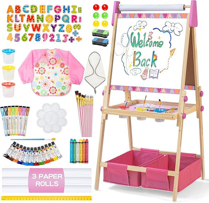 3-in-1 Adjustable Kids Art Easel with Magnetic Whiteboard, Chalkboard & 3 Paper Rolls, All-in-One Double Sided Wooden Painting Easel with Accessories for Toddlers and Kids Ages 3+