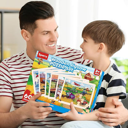 SYNARRY Wooden Vehicle Puzzles for Kids Ages 4-6, 6 Packs 60 PCs Jigsaw Puzzles Preschool Educational Toys Gifts for Children Ages 4-8, Kids Puzzles for 4+ Year Olds Boys Girls, Wood Puzzles Ages 3-10