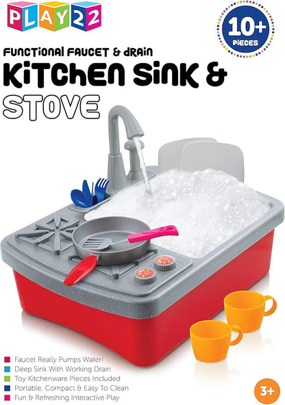 Play22 17 Pc Kids Play Sink with Running Water - Kitchen Sink Toy - Toddler Sink Toy with Real Faucet & Drain, Dishes, Utensils - Play Cooking Stove W/Pan - Kitchen Toys for Toddlers & Kids