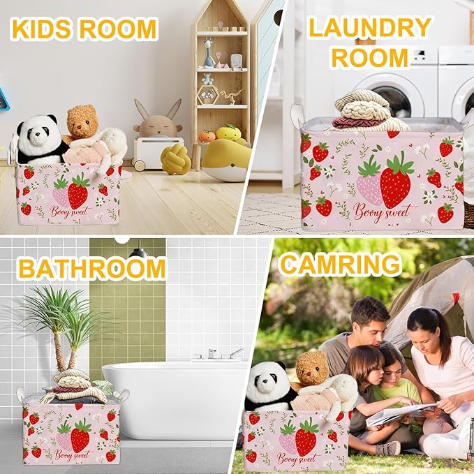 Strawberry Foldable Storage Box, Strawberries Waterproof Fabric Toy Organizer Box for Boys Girls, Strawberries Storage Boxes for Nursery Room, Strawberry Gifts Basket, Storage Basket for Room Decor