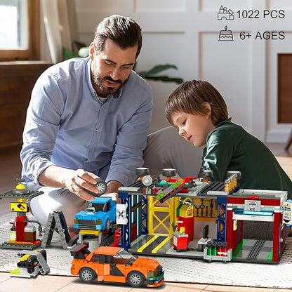 HOGOKIDS City Car Garage Building Set, 1022 PCS 3 IN 1 Auto Repair Shop, Gas Station, Car Wash Building Block with 2 Custom Cars Pretend Play Mechanic Toy Birthday Gift for 8-14+ Boys Teens Girls Kids