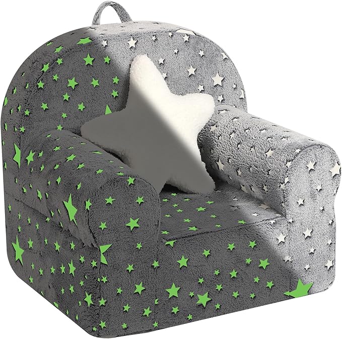 Little Star Kids Sofa with Star Throw Pillow, High Back Toddler Chair Glow in The Dark for Boys and Girls, Grey
