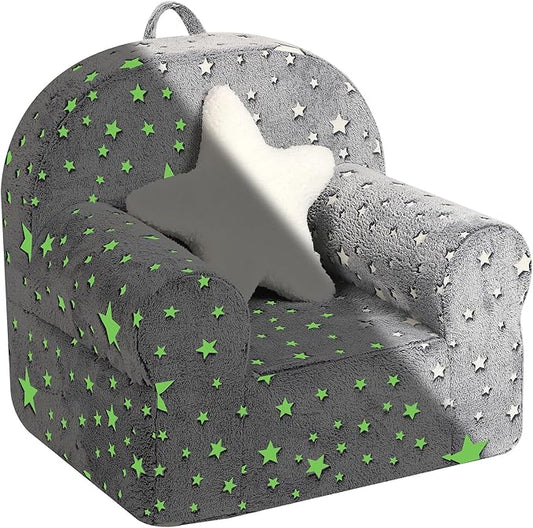 Little Star Kids Sofa with Star Throw Pillow, High Back Toddler Chair Glow in The Dark for Boys and Girls, Grey