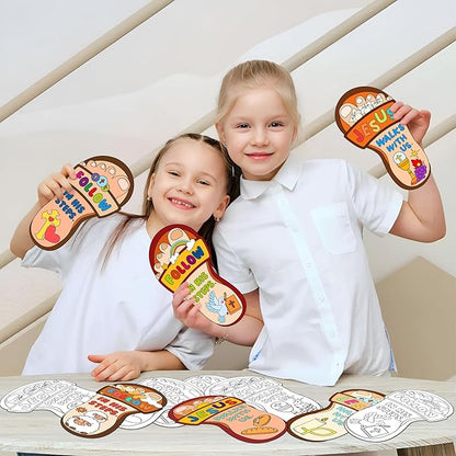 Dvbonike 24Pcs Sunday School Crafts for Kids Color Your Own Jesus Walks with Us Craft Kit Christian Religious Footprint Coloring Card DIY Drawing Party Gifts VBS Home Classroom Art Activity Supplies
