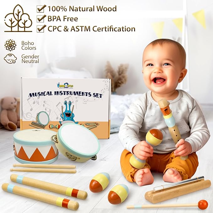 MINIARTIS Toddler Musical Instruments - Montessori Wooden Musical Toys for Toddlers 1-3 | Modern Boho Baby Drum Set with Neutral Colors Percussion Instruments | Kids Preschool Educational