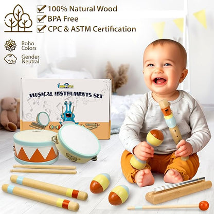 MINIARTIS Toddler Musical Instruments - Montessori Wooden Musical Toys for Toddlers 1-3 | Modern Boho Baby Drum Set with Neutral Colors Percussion Instruments | Kids Preschool Educational