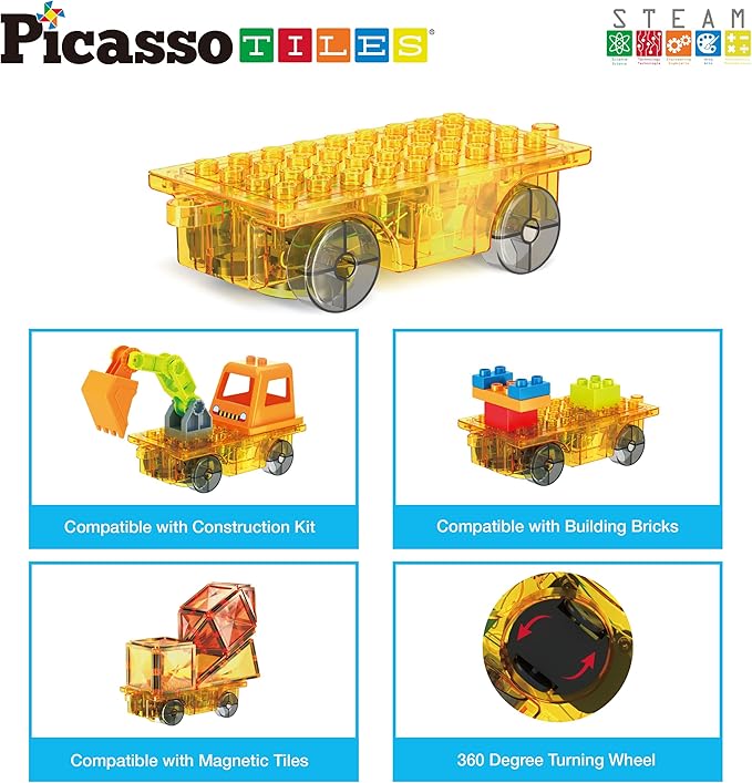 PicassoTiles Magnet Tile Motorized Car Base Self Turning Omnidirectional Truck with Light And Motor Playset Magnetic Tiles Construction Building Blocks Compatible STEM Learning Preschool Ages 3+ PTU05