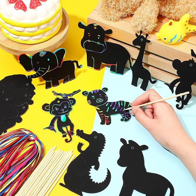 RoundFunny 80 Pcs Jungle Safari Animal Scratch Cards Party Favors Colorful Wild Scratch Painting Scratch Off Paper for Kids DIY Art Craft Kit with 80 Pcs Stick and Ribbon for Birthday Party Ornaments