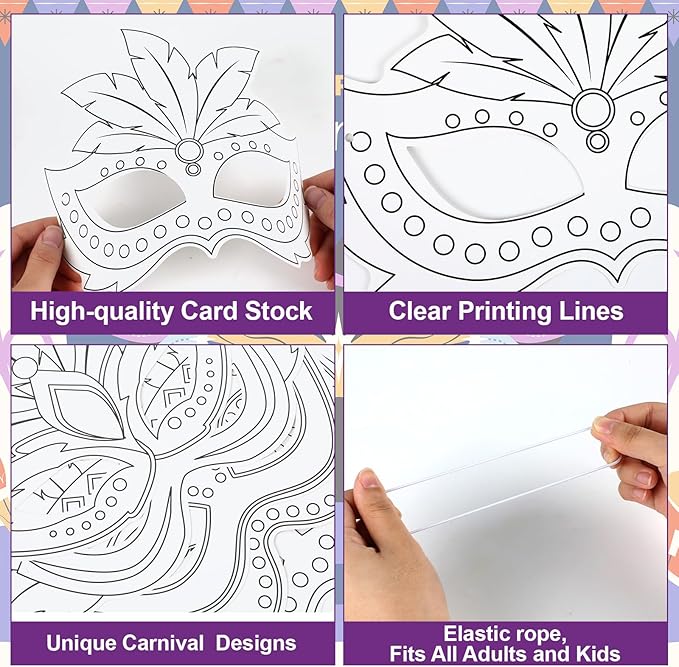 Lonfliness 36 Set Carnival Coloring Mask Mardi Gras Paper Art Craft Kid Color Your Own Style Blank DIY Mask Masquerade Birthday Party Dress-Up Decorations Favor School Classroom Activity Game Supplies