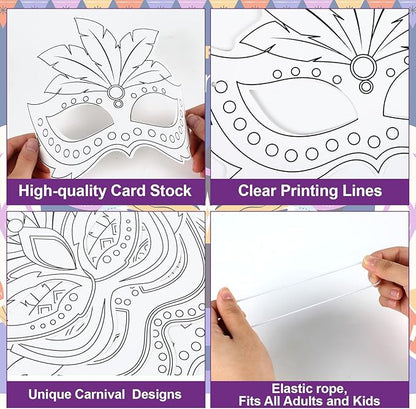 Lonfliness 36 Set Carnival Coloring Mask Mardi Gras Paper Art Craft Kid Color Your Own Style Blank DIY Mask Masquerade Birthday Party Dress-Up Decorations Favor School Classroom Activity Game Supplies