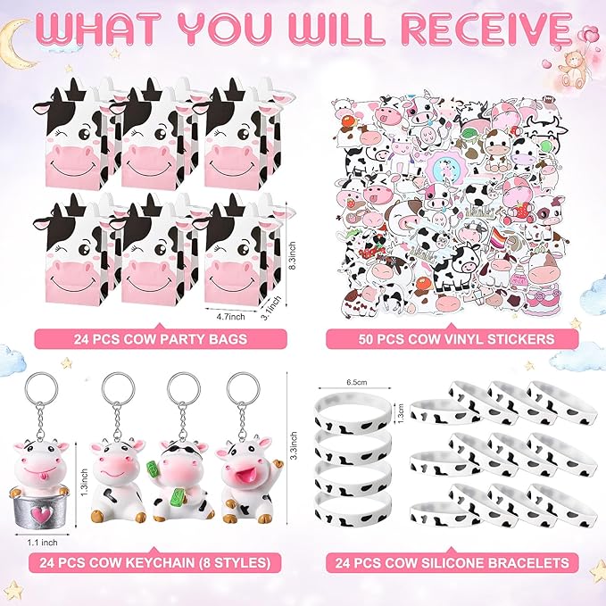 122 Pcs Cow Party Favors Supplies Include Cow Keychains Cow Silicone Bracelets Cow Party Paper Bags Treat Bags Cow Vinyl Stickers for Girls Kids Cow Farm Animals Cowboy Birthday Party Supplies