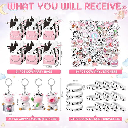 86 Pcs Cow Party Favors Supplies Include Cow Keychains Cow Silicone Bracelets Cow Party Paper Bags Treat Bags Cow Vinyl Stickers for Girls Kids Cow Farm Animals Cowboy Birthday Party Supplies