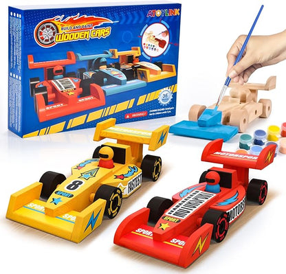 Atoylink DIY Wooden Cars Crafts for Kids Easy Assemble & Paint Your Own Race Cars 3 Pack Model Car Kits Woodworking Arts and Crafts for Boys Girls Gifts