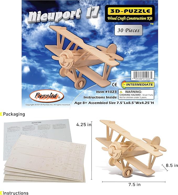 Puzzle 3D Nieuport 17 Airplane Model Puzzle - Wooden Airplane Toy Model Construction Kit, Educational Wooden Airplane Model Kit for Kids and Adults, Cool Plane Construction Puzzle Toy - 30 Pc/Pack