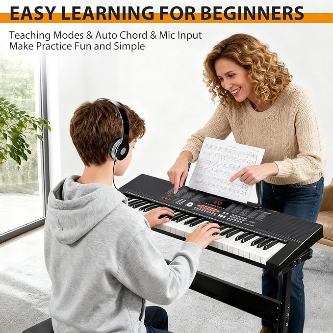 ZENY 61-Key Portable Electric Keyboard Piano with Built In Speakers, LED Screen, Headphones, Microphone, Piano Stand, Music Sheet Stand and Stool