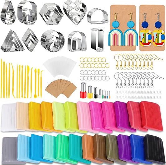 Polymer Clay Earring Making Kit with Gift Box, Including 32pcs Polymer Clay Cutters, 24pcs Oven Bake Clay, 30 Set Earring Rings&Hooks, Jewelry Making Kit for Teen Girls