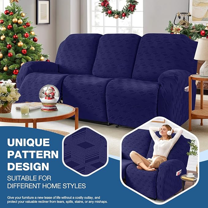 TAOCOCO Recliner Sofa Covers Stretch Reclining Couch Cover, Jacquard Recliner Couch Cover for 3 Seat Furniture Protector Sofa Slipcovers with Elastic Bottom for Kids, Pets (Dark Blue)