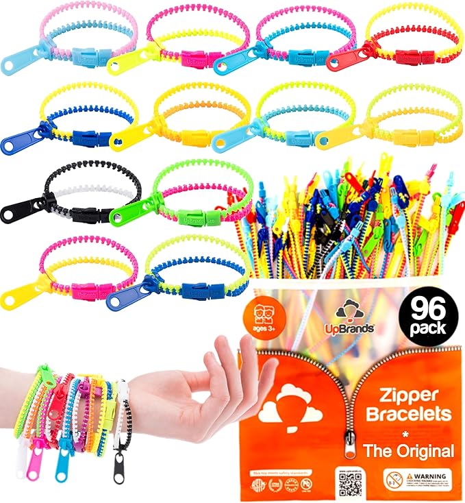 UpBrands Zipper Bracelet Fidget 96 Pack Bi-Color 6.5 Inches Bracelets for Kids - Perfect Zipper Fidget Toy - Ideal for Boys and Girls, Party Favors, and More