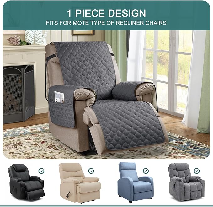 Ruaozz 100% Waterproof Recliner Chair Cover Non-Slip Reclining Cover for Recliner Chair Washable Chair Seat Cover with Elastic Straps for Kids, Dogs, Pets (Dark Grey, 23'')