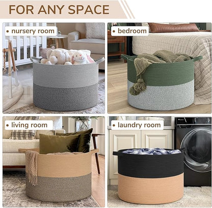 INDRESSME 115L Extra Large Cotton Rope Blanket Basket for Nursery, Boho Decor Baby Laundry Baskets for Kids Toy Organizer Storage Bin for Dirty Clothes Pillows Towel, Black & Camel