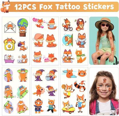 110Pcs Fox Birthday Decorations Fox Party Favors with Slap Bracelets Keychain Temporary Tattoo Stickers Badges Gift Bags for Kids Woodland Baby Shower Jungle Safari Party Supplies