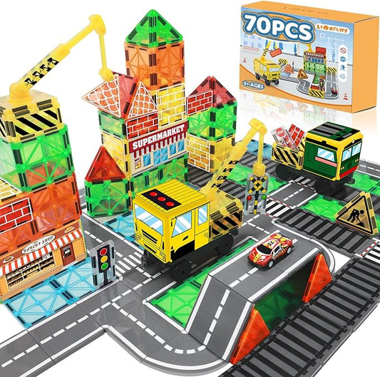 Magnetic Tiles Magnetic Building Blocks, Building Toys for Kids Ages 3-5 4-8 8-12 Toddlers STEM Preschool Toys Boys Toys, City Construction Toys Set with 2 Cranes Train Tracks Road Car