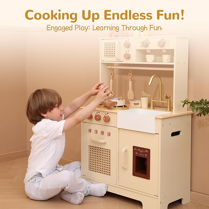 Play Kitchen for Kids, Wooden Play Kitchen Set with Realistic Features, Small Play Kitchen Toy Designed Ideal for Toddlers, for Ages 3+