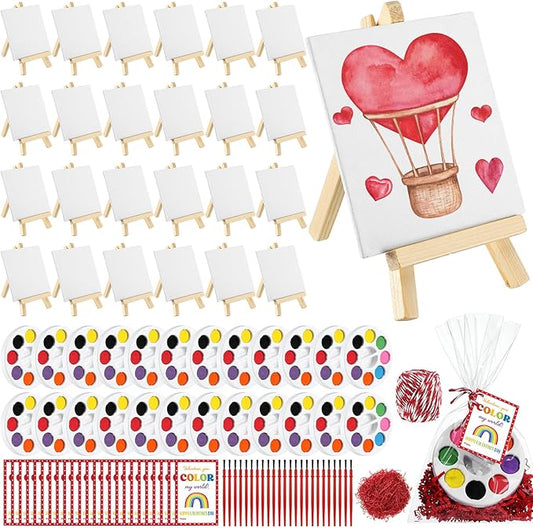 Wonderjune 146 Pcs Valentine's Day Mini Watercolor Paint Set with Easel, Valentines Gift Watercolor Painting Bulk 8 Colors Watercolor Paints with Cards for Party Art Supplies Beginner Painting