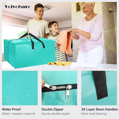 VELVETSURE 6 Pack Heavy Duty Large Moving Bags W/Backpack Straps - Strong Handles & Zippers, Storage Totes For Space Saving, Fold Flat, Alternative to Moving Box and Storage Bin, Aquamarine