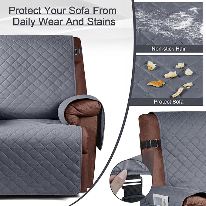 KinCam 100% Waterproof Recliner Chair Cover, Reclining Couch Covers for Pets, Dogs, Recliner Couch Slipcover Furniture Protector with Elastic Straps for Kids(28", Dark Gray)
