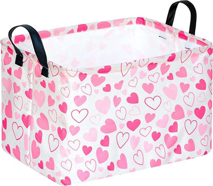 MAIZMZ Girls Gift Basket Heart Print Storage Cube for Women, Closet Shelf Organizer Bins Empty Gift Basket with Handles Nursery hamper Kids Toys Books Box Room Deco