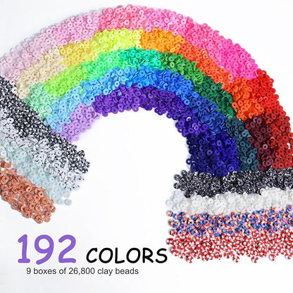 Redtwo 28000 Pcs Clay Beads Bracelet Making Kit 192 Colors 9 Boxes Flat Polymer Heishi Beads Set for Friendship Jewelry Making with Pendant Charms Crafts Gifts for Girls Ages 6-12 Kids Adults