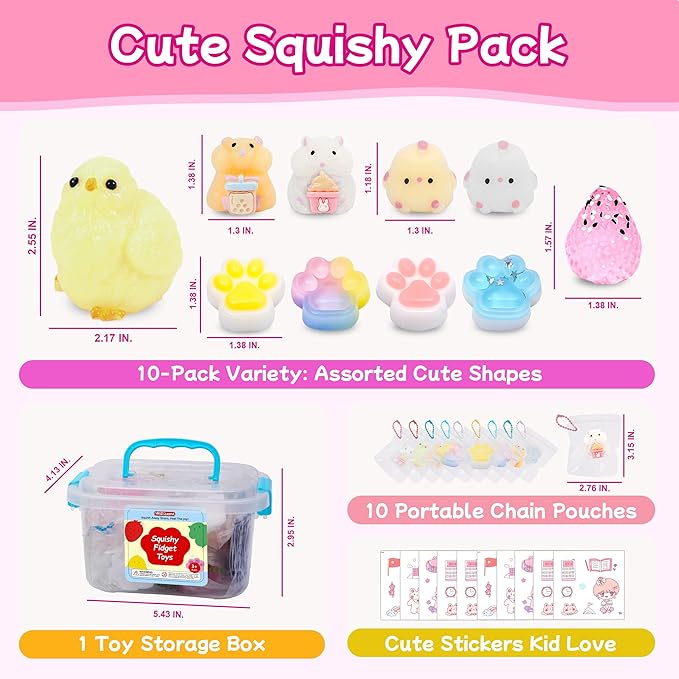 10 Pack Taba Squishy Toys kit with Toy Box & Cute Stickers, Kawaii taba Squishies Stress Relief Toys Party Favors for Kids 4-8 8-12, Squishy Fidget Toys for Kids, Birthday Gifts Toys for Girls 8-10