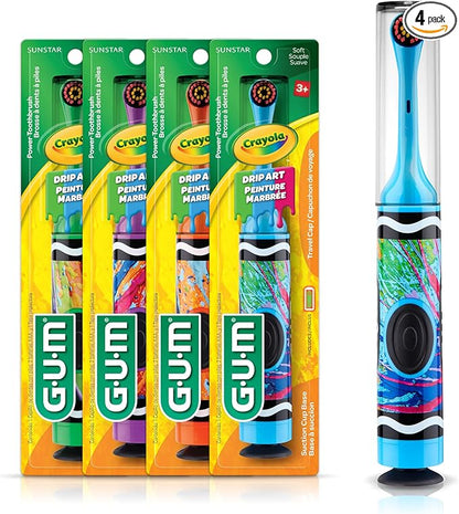 GUM Crayola Power Toothbrush for Kids, Extra Soft Bristled Toddler Toothbrushes, Travel Cap + Suction Cup Base, Batteries Included, 1ct (4pk)
