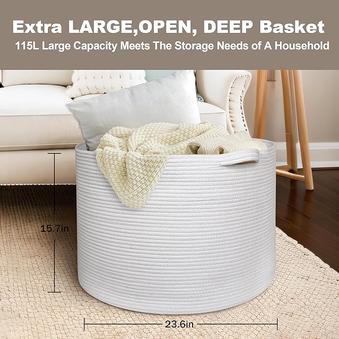 MEGASKET 115L White Cotton Rope Storage Basket, 23.6"x15.7" Extra Large Blanket Storage Living Room, XXXL Soft Toy Bin for Organizing, Woven Baby Laundry Basket with Handle, Wicker Hamper Nursery