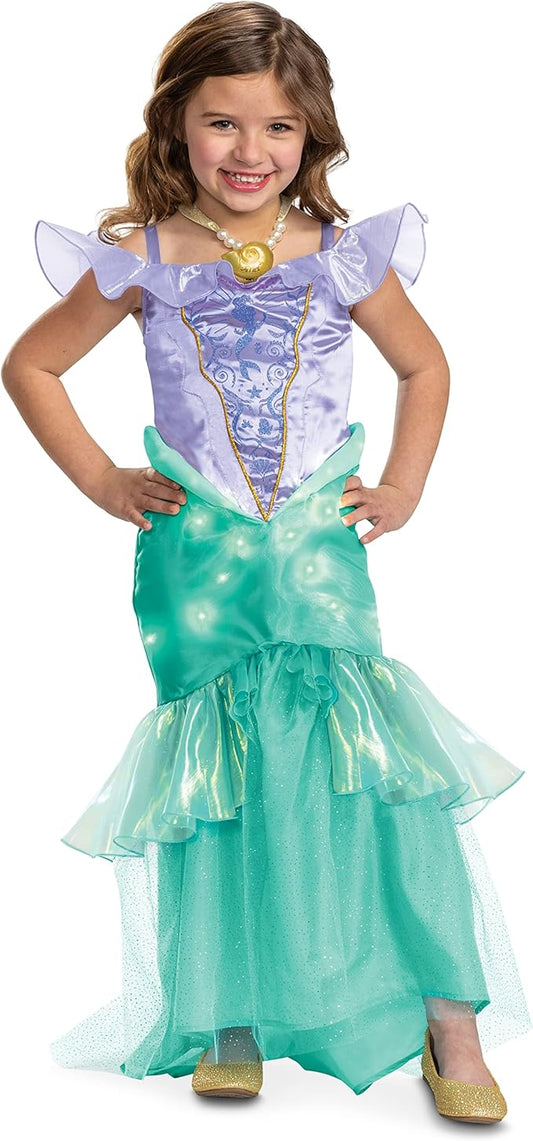Ariel Costume for Girls, Official Disney The Little Mermaid Light and Sound Prestige Halloween Costume, Size (5-6)