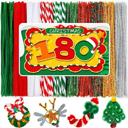 180pcs Christmas Pipe Cleaners, Pipe Cleaners for Crafts, Craft Supplies Multicolor Chenille Stems for Art&Craft Christmas DIY Projects(10colors,Christmas)