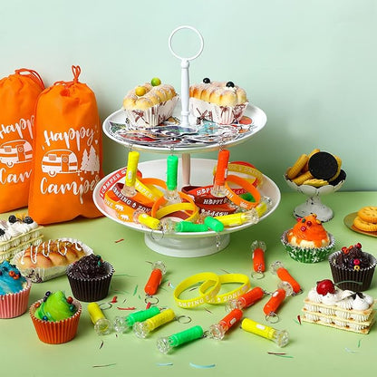 Camping Party Favors Camp Party Gifts Include Camping Themed Silicone Bracelet Mini Flashlight Keychain Assorted Camping Sticker and Gifts Drawstring Bags Camping Party Supplies for Kids (220 Pieces)