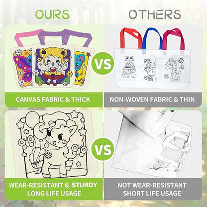 12 Pieces Kids Coloring Goodie Bags, Reusable Canvas Bag, Cute Art Party Favors, Color Your Own Bags for DIY Painting Birthday Carnival Celebration, Party Supplies Gift, Girls and Boys